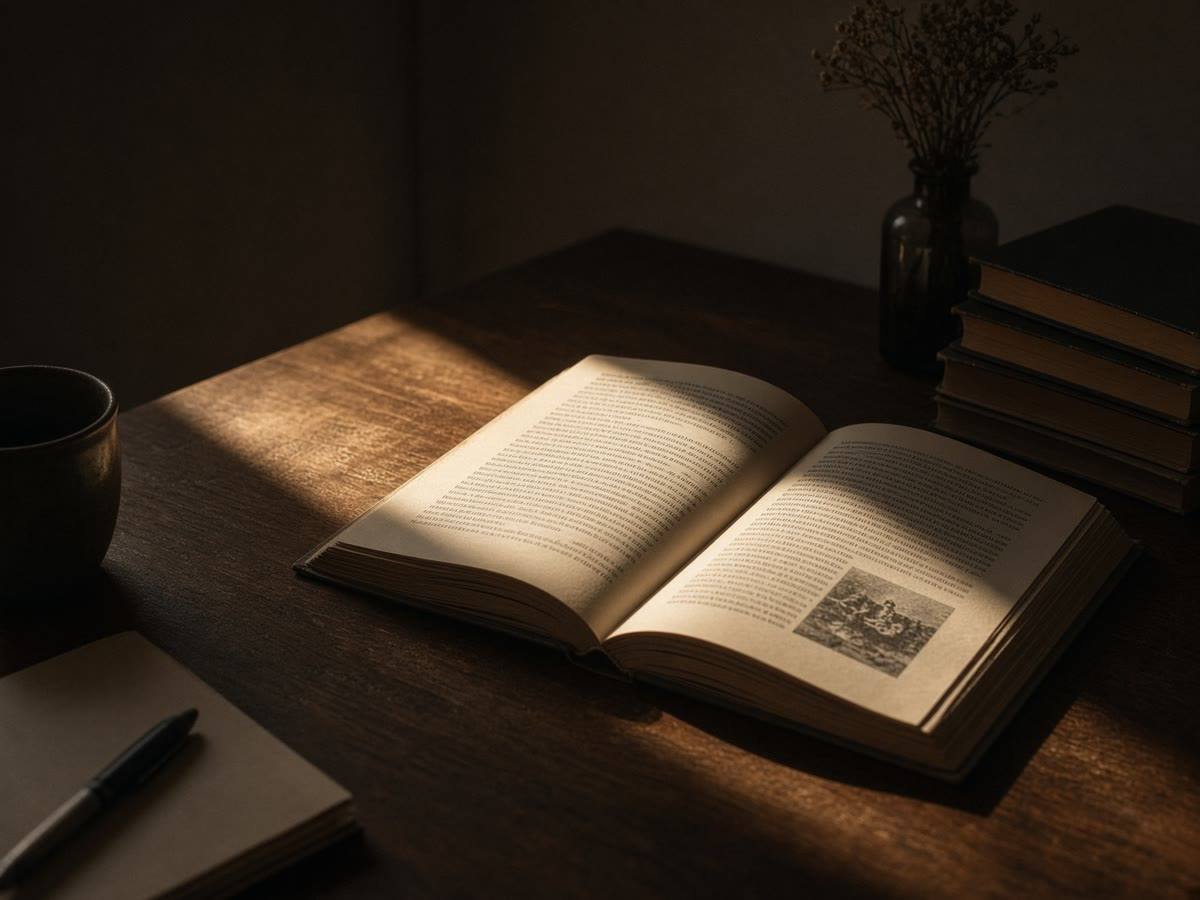 A beam of window light falling across an open book