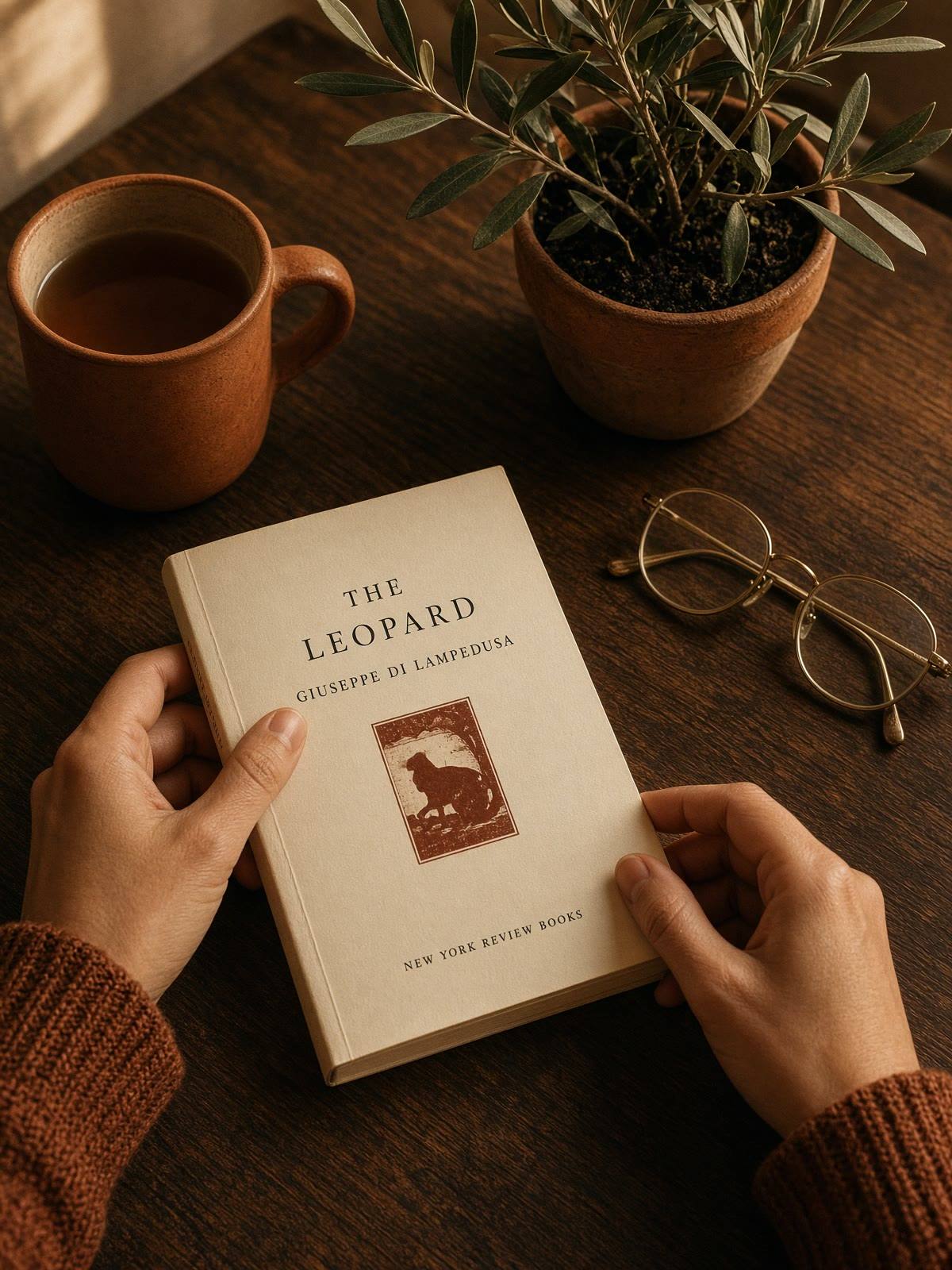 Hands turning a paperback beside a terracotta mug